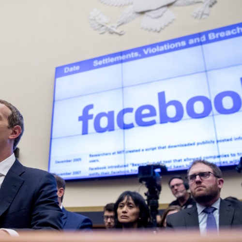 Facebook CEO Mark Zuckerberg testifies before a House Financial Services Committee hearing in 2019. CREDIT: Andrew Harnik/AP