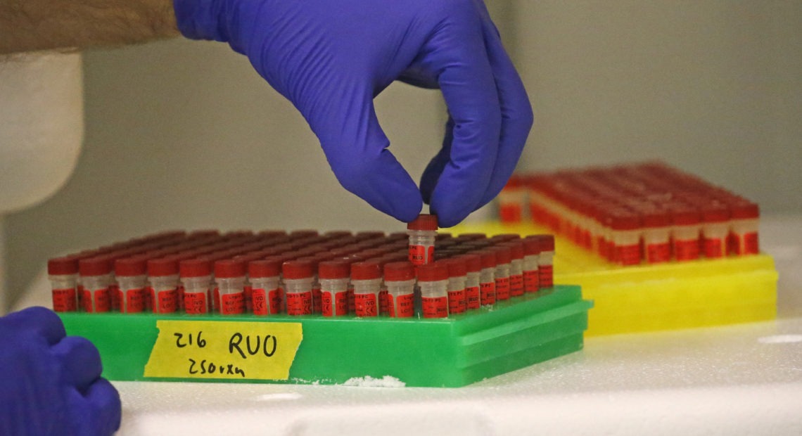 A lab gloved hand taking samples out of a batch of covid test tubes