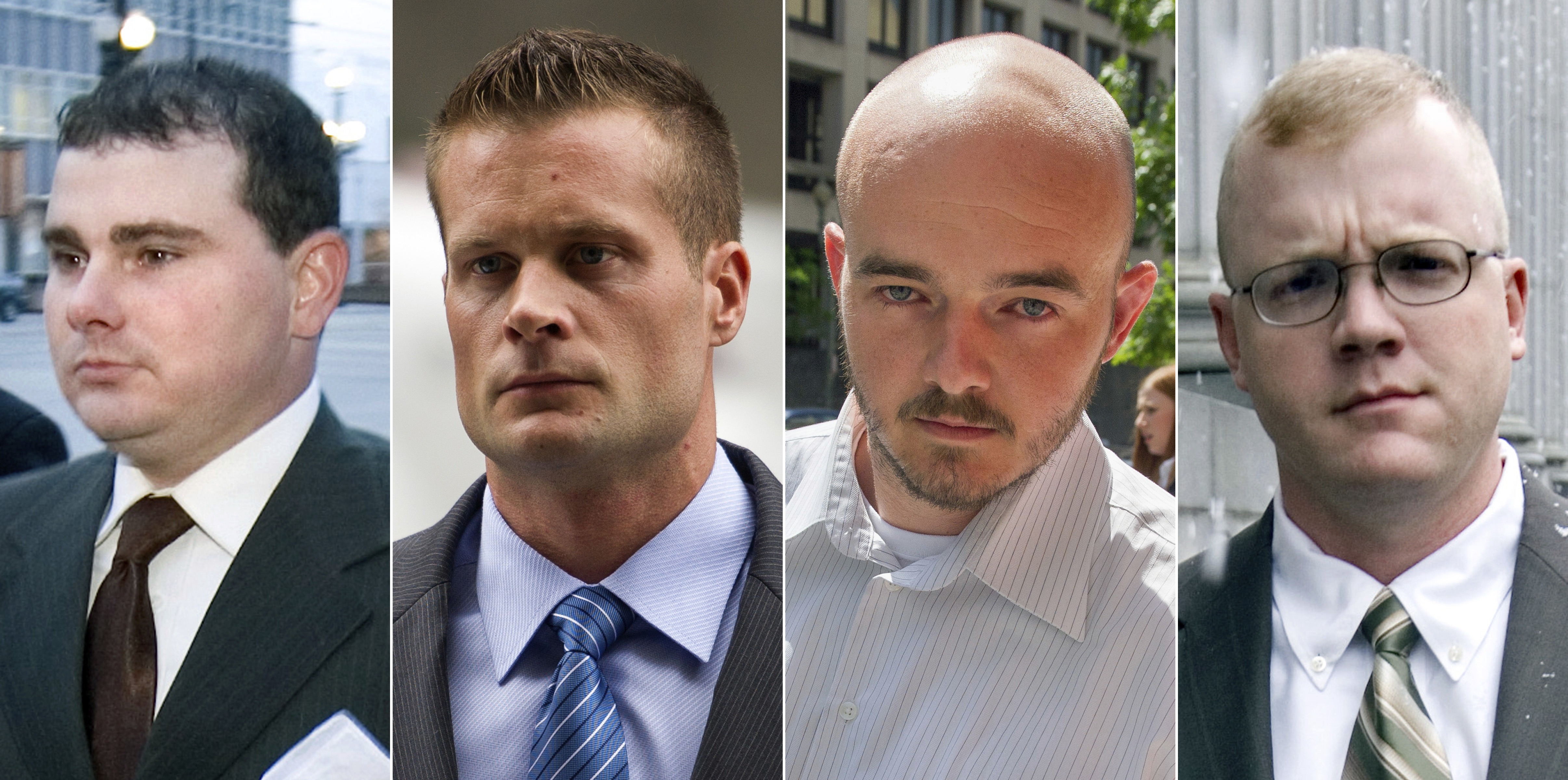 This combination made from file photos shows Blackwater guards, from left, Dustin Heard, Evan Liberty, Nicholas Slatten and Paul Slough. On Tuesday, Dec. 22, 2020, President Donald Trump pardoned 15 people, including Heard, Liberty, Slatten and Slough, the four former government contractors convicted in a 2007 massacre in Baghdad that left more a dozen Iraqi civilians dead. CREDIT: AP