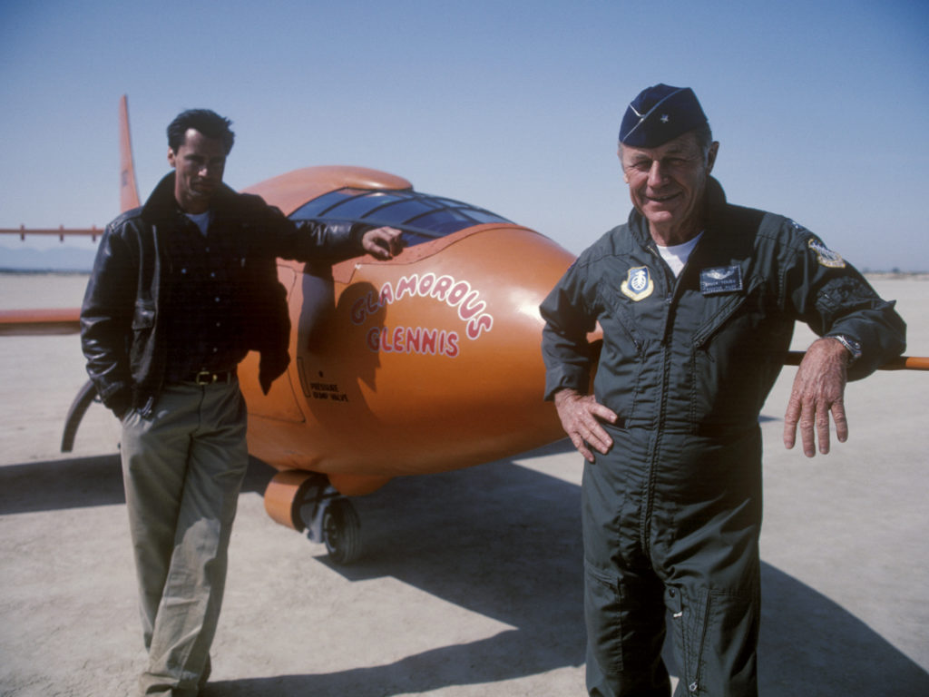 Chuck Yeager strikes a pose with Sam Shepard, who played him in the movie version of The Right Stuff. Warner Bros./Getty Images