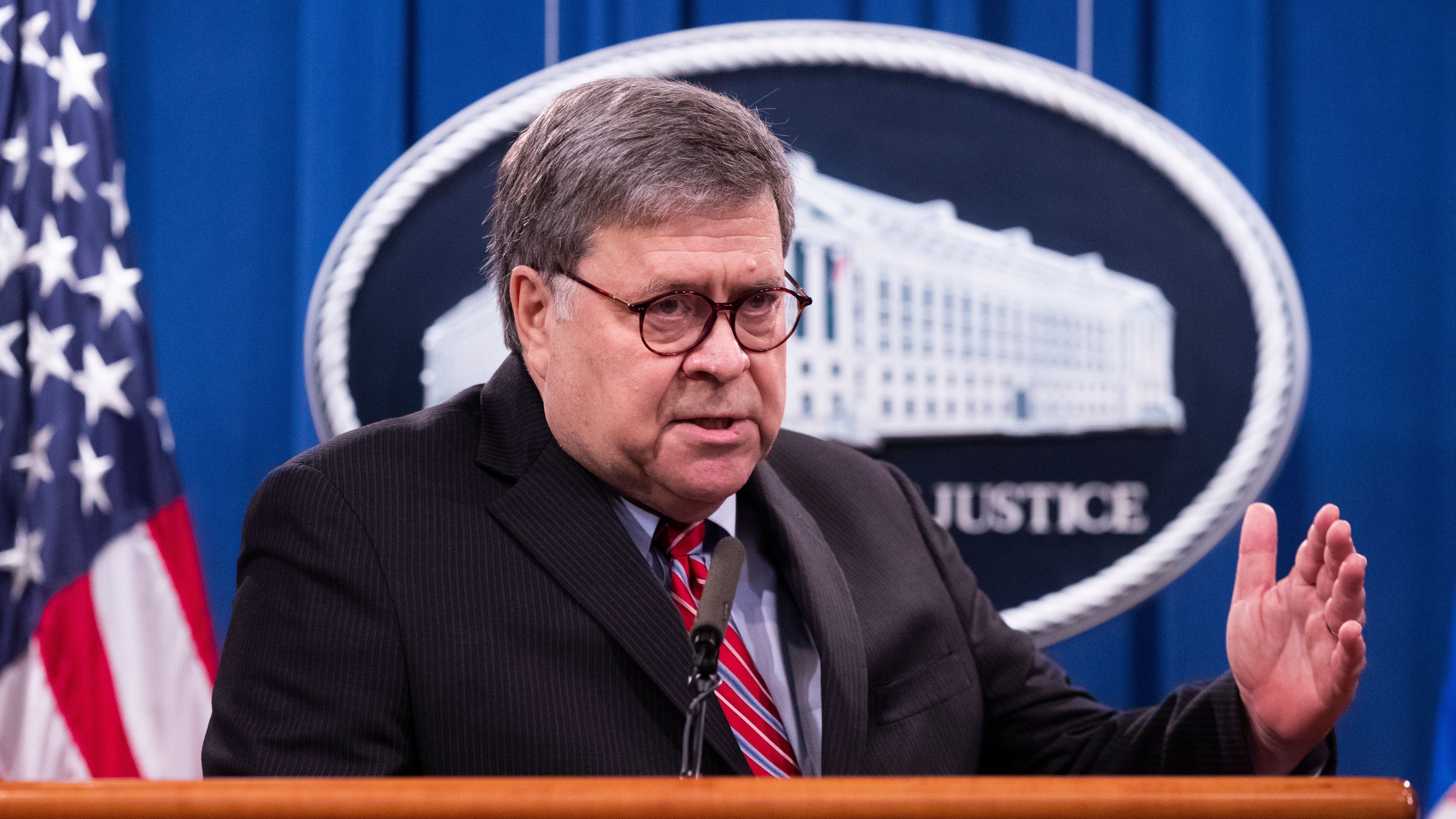 Attorney General William Barr holds a news conference on Monday, Dec. 21, 2020. Michael CREDIT: Reynolds/Pool/AFP via Getty Images