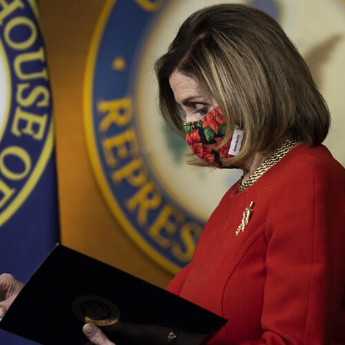 House Speaker Nancy Pelosi, D-Calif., holds a press conference Sunday. Congress is scrambling after President Trump blasted a major aid and spending package that lawmakers passed Monday. CREDIT: Tasos Katopodis/Getty Images