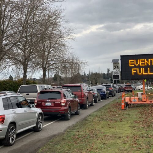 Eager seniors filled up all of the first come, first serve slots at a drive-thru COVID vaccination clinic before the first shots were even given on Thursday in Sequim, Washington. CREDIT: Tom Banse/N3