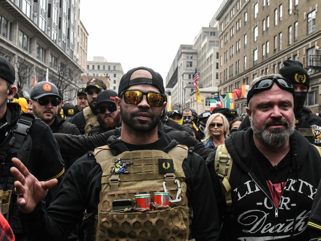 Enrique Tarrio, the leader of the Proud Boys, takes part in a pro-Trump protest in Washington, D.C. in December 2020. CREDIT: Stephanie Keith/Getty Images