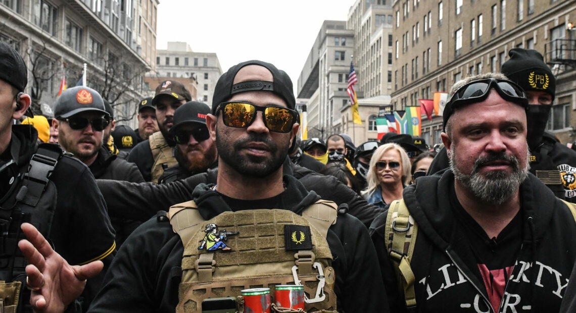 Enrique Tarrio, the leader of the Proud Boys, takes part in a pro-Trump protest in Washington, D.C. in December 2020. CREDIT: Stephanie Keith/Getty Images