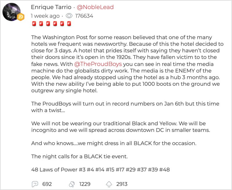 Proud Boys leader Henry “Enrique” Tarrio’s Parler post in late December. CREDIT: ProPublica/ screenshot