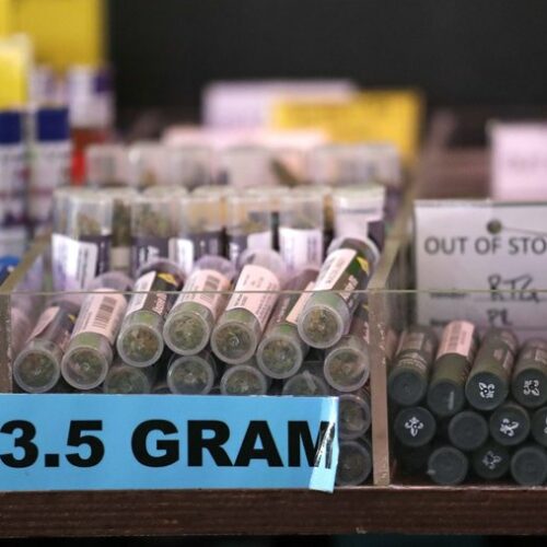 In this March 28, 2019 photo pot products line a display case at a marijuana shop in Seattle. A proposed constitutional amendment that would prevent the legalization of marijuana in Idaho has moved forward as lawmakers in the state try to halt the increasing acceptance of the drug nationwide. CREDIT: Elaine Thompson/AP