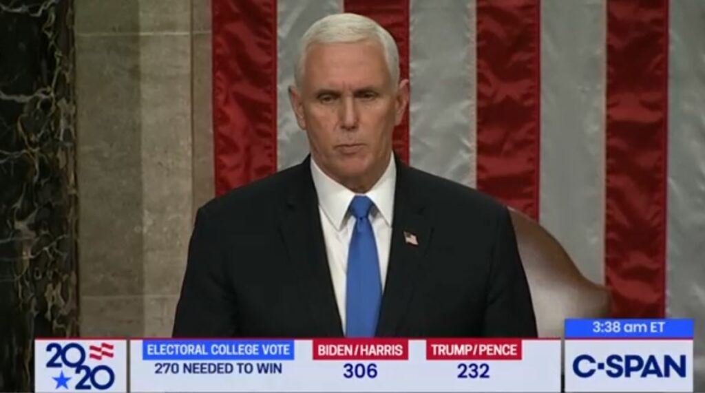 Vice President Mike Pence, presiding over the joint session of Congress, read the results of the count early Thursday morning, Jan. 7, 2021, affirming the win of Joe Biden as president and Kama Harris as vice president. CREDIT: CSPAN