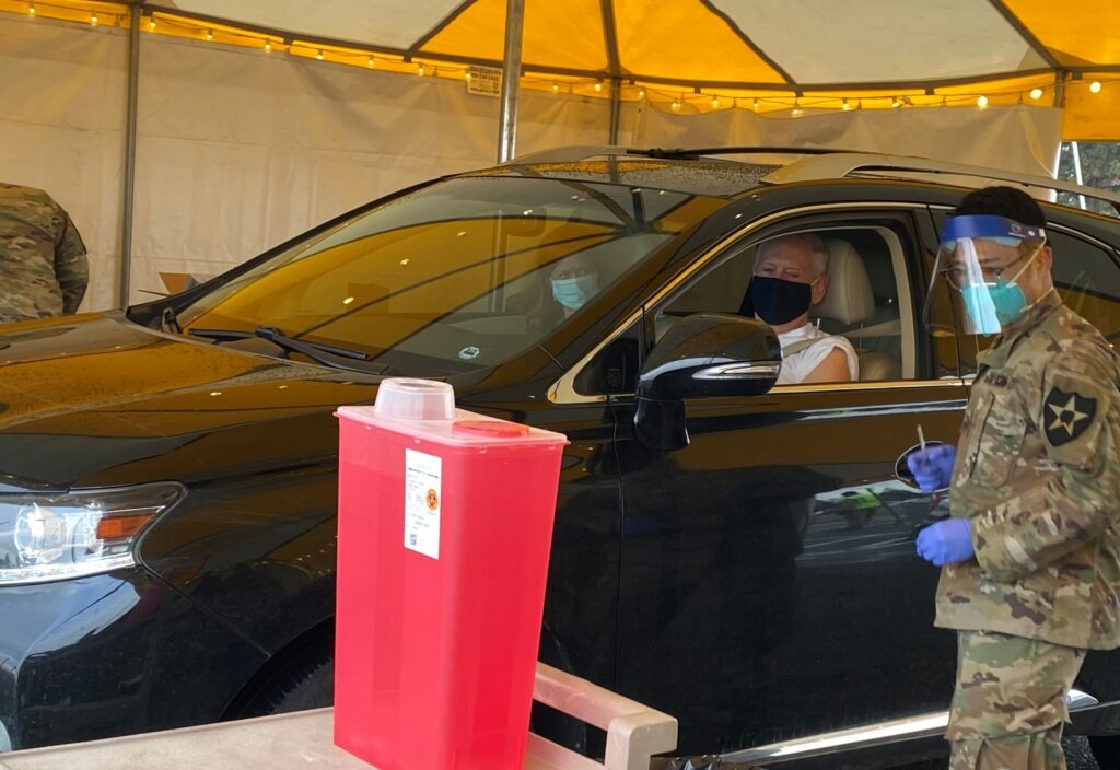 Former U.S. defense secretary and retired Gen. James Mattis, a longtime Tri-Cities resident, was among those in line for a COVID-19 vaccine in Kennewick, Wash., on Monday, Jan. 25, 2021. CREDIT: Anna King/N3