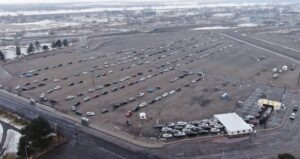 Hundreds of cars lined up for the opening day of a mass vaccination event in Washington's Tri-Cities on Monday, Jan. 25, 2021, at the Benton County Fairgrounds. Courtesy City of Richland