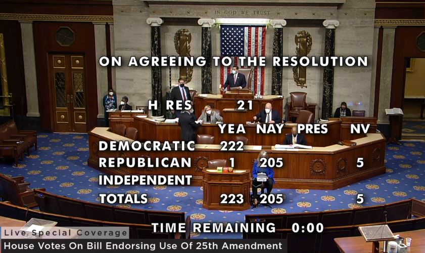 U.S. House vote for the 25th Amendment resolution was 223 in favor, 205 opposed