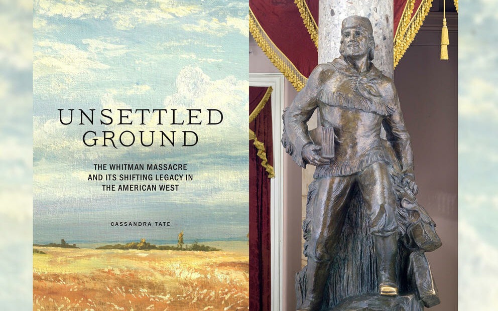 Unsettled Ground book cover - with Marcus Whitman statue