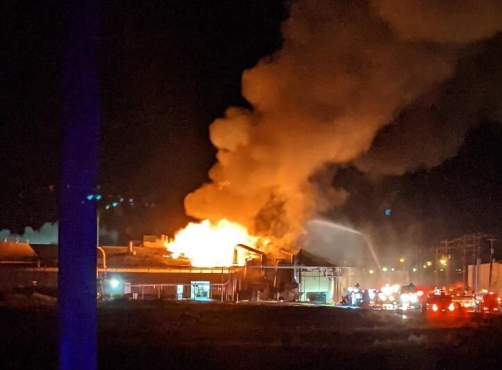 A Warden, Wash., potato processing plant burned and caused evacuations for much of town Thursday night, Jan. 21, 2021.