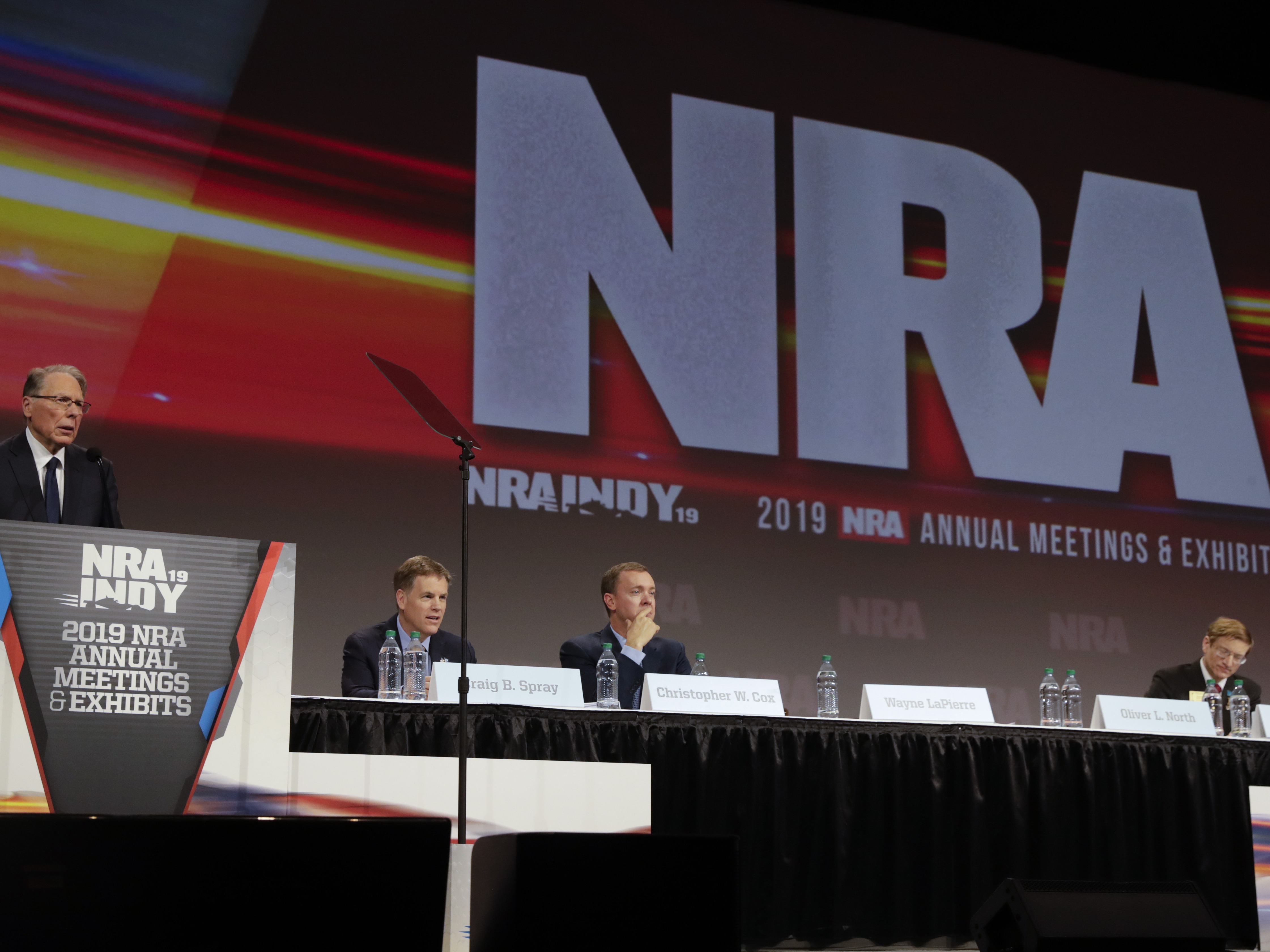 The National Rifle Association's annual meeting in 2019 in Indiana. The NRA filed for Chapter 11 bankruptcy Friday, saying it aims to reincorporate as a nonprofit in Texas and leave New York, where the state has filed a fraud suit against it. Michael Conroy/AP