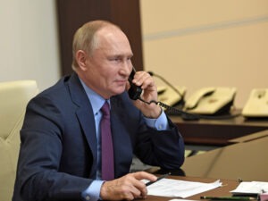 Russian President Vladimir Putin and President Biden spoke on the phone Tuesday, discussing several tense issues facing the two countries. CREDIT: Alexei Nikolsky/Alexei Nikolsky/TASS