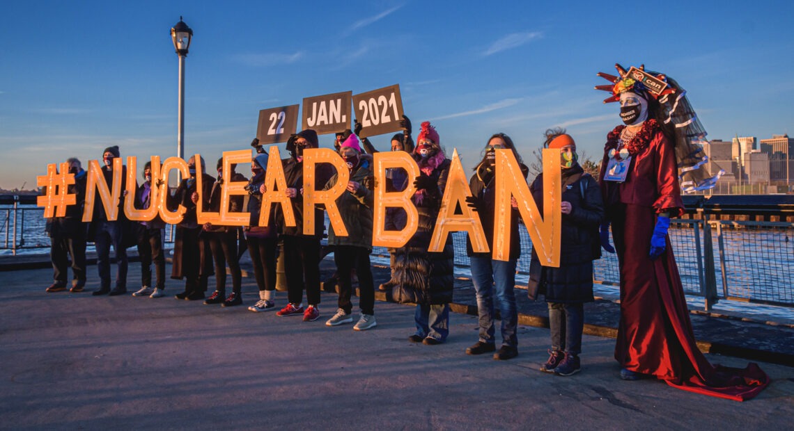 People hold letters reading #NUCLEARBAN in New York City, in support of the Treaty on the Prohibition of Nuclear Weapons, which took effect on Friday. Erik McGregor/LightRocket via Getty Images