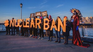 People hold letters reading #NUCLEARBAN in New York City, in support of the Treaty on the Prohibition of Nuclear Weapons, which took effect on Friday. Erik McGregor/LightRocket via Getty Images