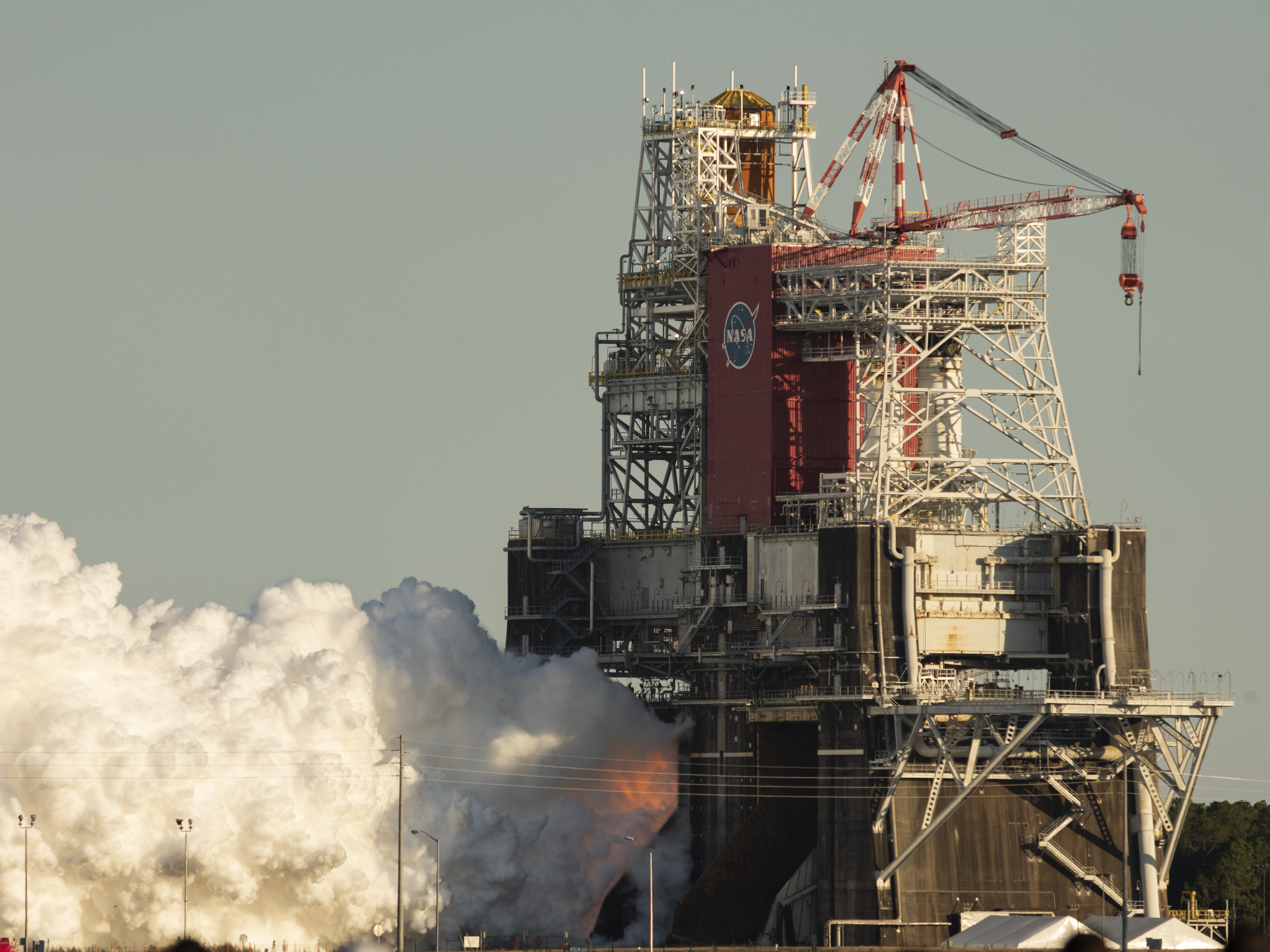 In this image provided by NASA, the core stage for the first flight of NASA's Space Launch System rocket is seen at NASA's Stennis Space Center near Bay St. Louis, Mississippi. The four engines fired for a little more than one minute. CREDIT: NASA/Getty Images