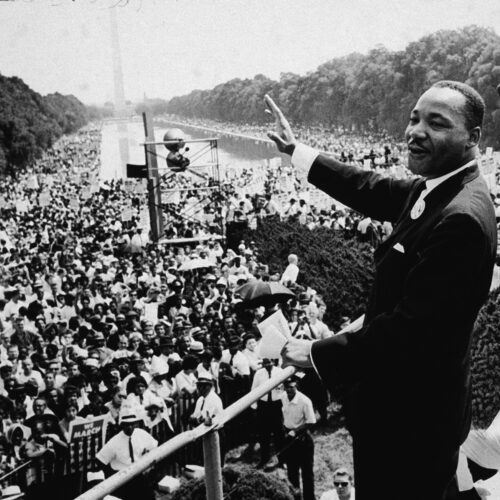 Martin Luther King Jr. addresses the crowd at the March On Washington D.C., on Aug. 28, 1963. CREDIT: CNP/Getty Images