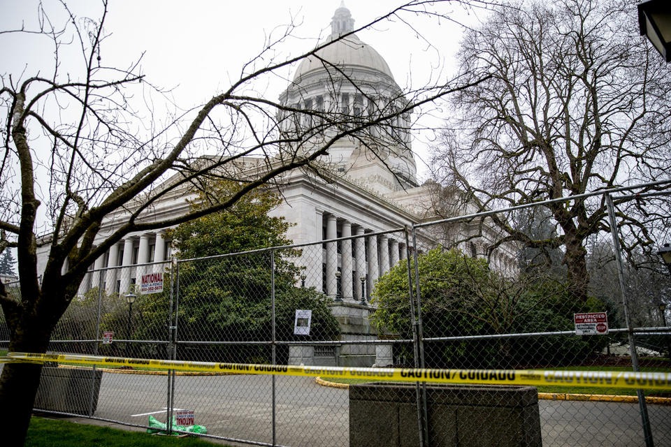 The Washington State Capitol Building and Campus in Olympia has little activity on Inauguration Day on Jan. 20, 2021. CREDIT: Dorothy Edwards/Crosscut