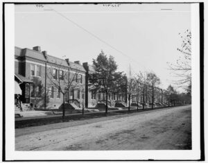 Old black and white photo of workman's housing in Pullman, Illinois.