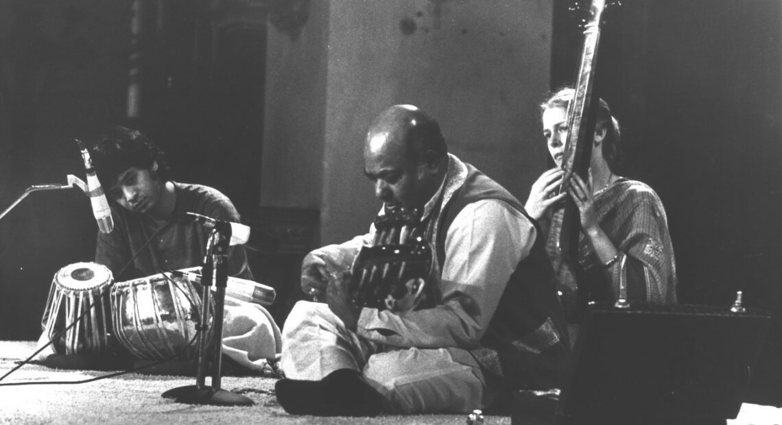 Tabla player Zakir Hussain (left) accompanies sarod player Ali Akbar Khan and his wife and collaborator Mary Khan. Courtesy of the Owsley Stanley Foundation