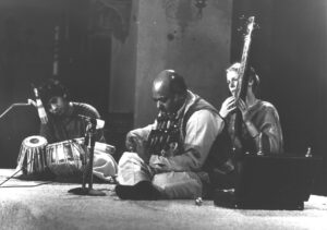 Tabla player Zakir Hussain (left) accompanies sarod player Ali Akbar Khan and his wife and collaborator Mary Khan. Courtesy of the Owsley Stanley Foundation