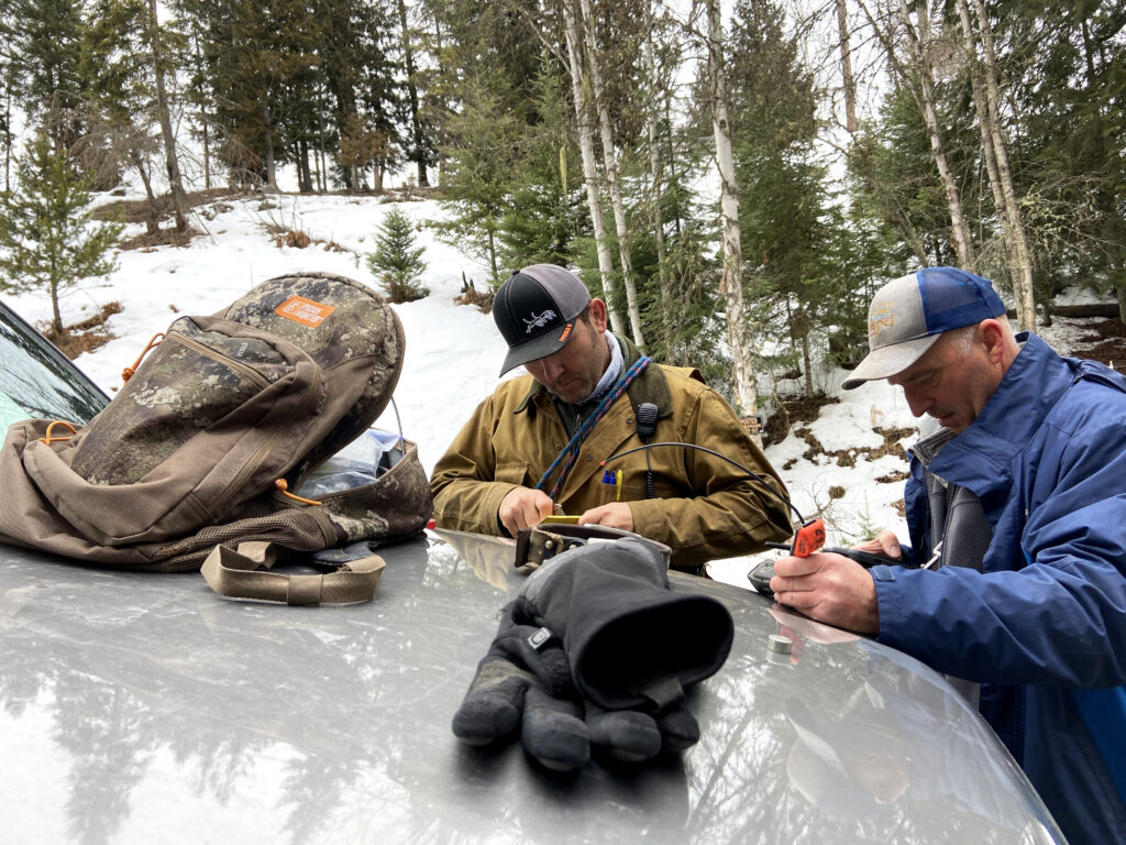 Bart George, left, and hound handler Bruce Duncan prep their equipment before they plan to collar a cougar near the reservation of the Kalispel Tribe in northeastern Washington. CREDIT: Courtney Flatt/NWPB