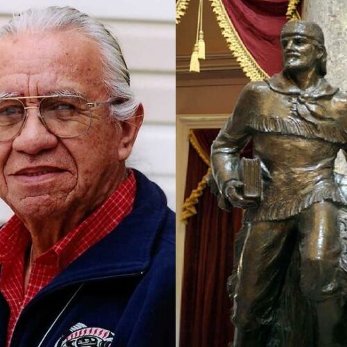 A statue of tribal rights activist Billy Frank, Jr., left, could someday replace pioneer missionary Marcus Whitman in the U.S. Capitol. CREDIT: NWIFC 2007/Glenn Drosendahl