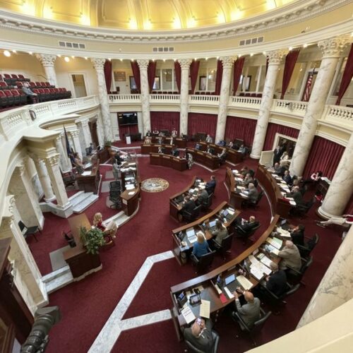 The Idaho Senate meets in the Statehouse on Feb. 18, 2021, in Boise. The Senate voted 35-0 to make permanent changes in Idaho's absentee ballot counting intended to speed up the process. CREDIT: Keith Ridler/AP