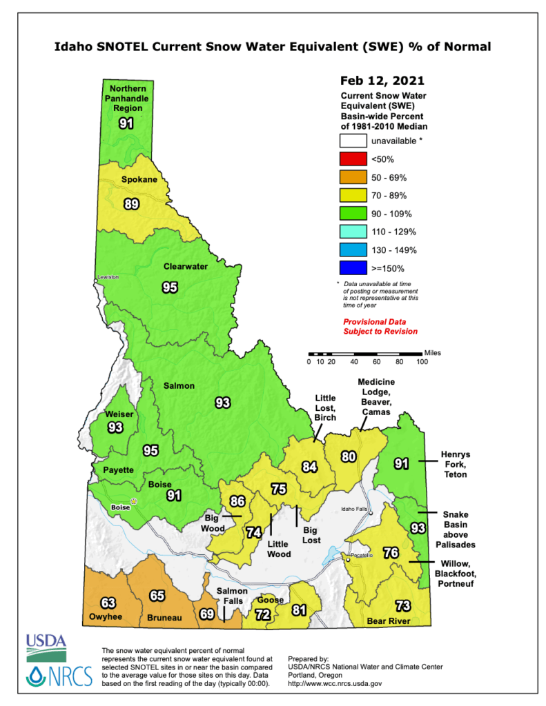 Idaho's 2021 mid-February snowpack survey shows the southern part of the state is drier than normal. Courtesy of NRCS 