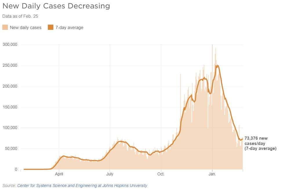 graph showing US coronavirus trend line March 2020 through February 2021