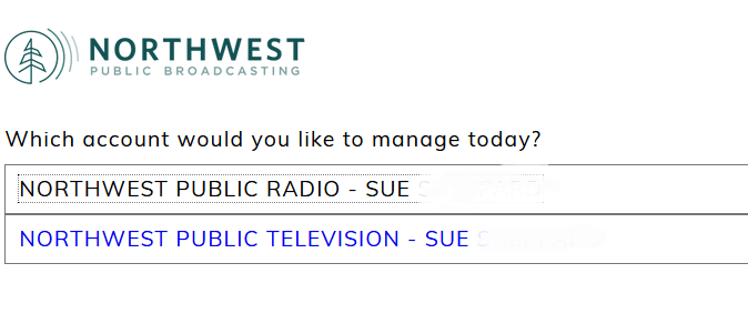 Screenshot of prompt asking you to choose between your NWPB Radio or NWPB TV account, if applicable.