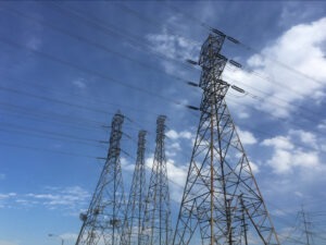 Electrical grid transmission towers in Pasadena, Calif. Major power outages from extreme weather have risen dramatically in the past two decades. CREDIT: John Antczak/AP