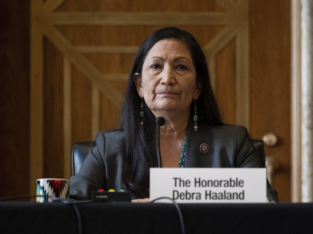 Rep. Deb Haaland, D-N.M., during her Senate hearing Tuesday to be Interior Secretary. If confirmed, she would be the first Native American to hold the post. CREDIT: Jim Watson/AP