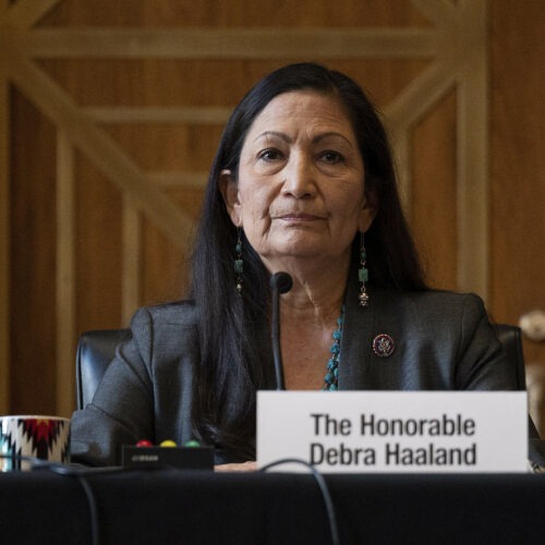 Rep. Deb Haaland, D-N.M., during her Senate hearing Tuesday to be Interior Secretary. If confirmed, she would be the first Native American to hold the post. CREDIT: Jim Watson/AP