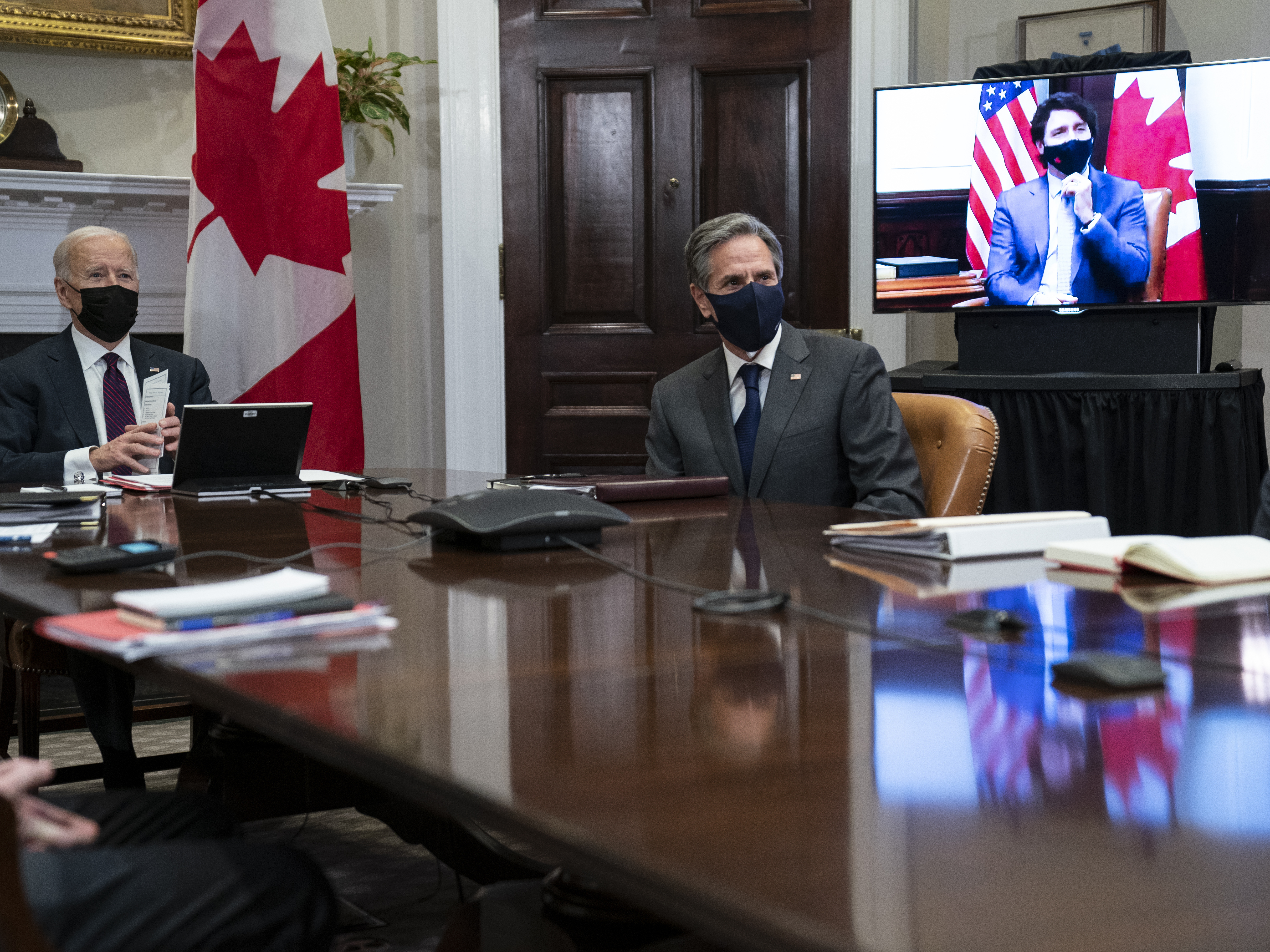 President Biden and his team, including Secretary of State Antony Blinken, met virtually with Canadian Prime Minister Justin Trudeau in the Roosevelt Room of the White House. CREDIT: Evan Vucci/AP
