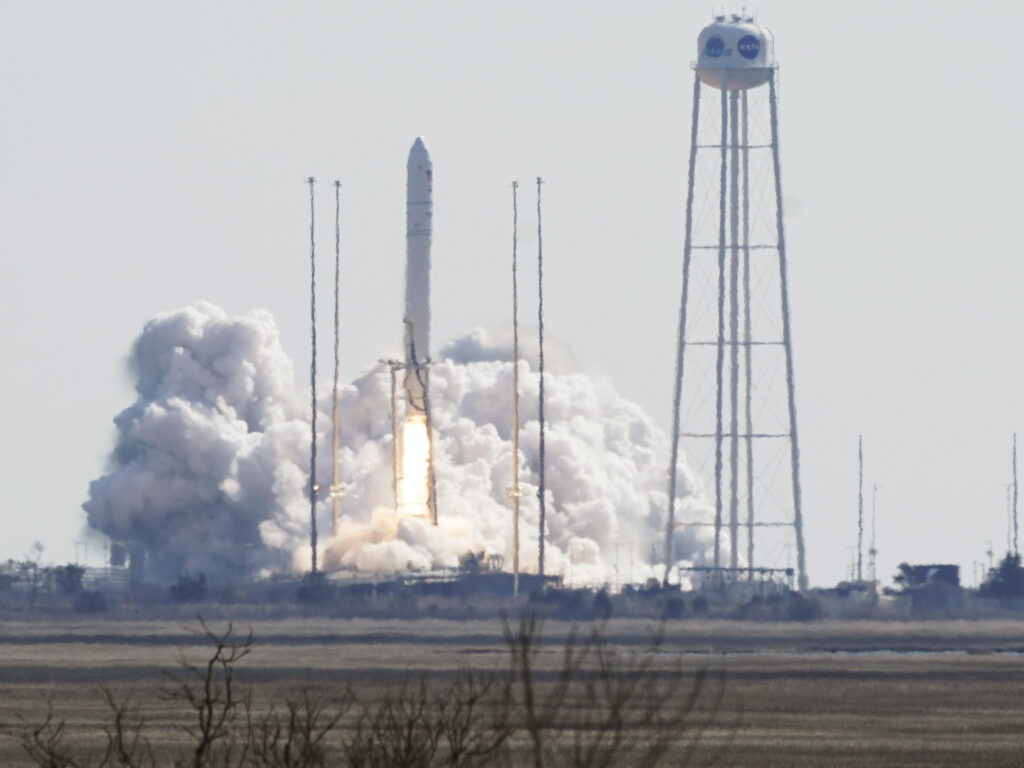 Northrop Grumman's Antares rocket lifts off the launch pad at NASA's Wallops Island flight facility in Wallops Island, Va., on Saturday. The rocket is delivering cargo to the International Space Station. CREDIT: Steve Helber/AP