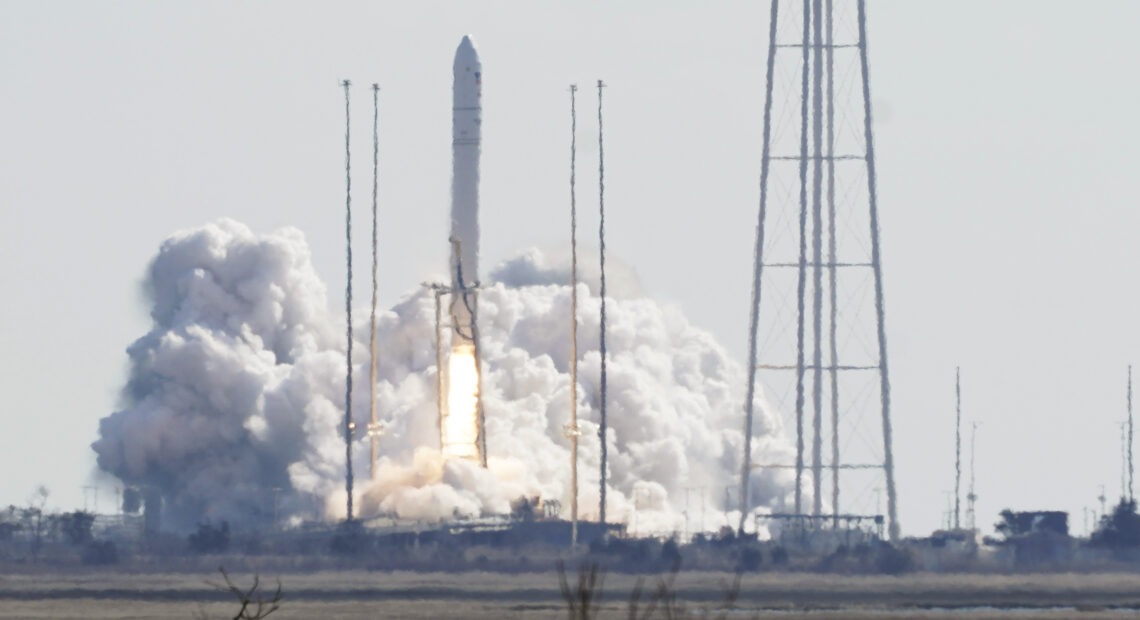 Northrop Grumman's Antares rocket lifts off the launch pad at NASA's Wallops Island flight facility in Wallops Island, Va., on Saturday. The rocket is delivering cargo to the International Space Station. CREDIT: Steve Helber/AP