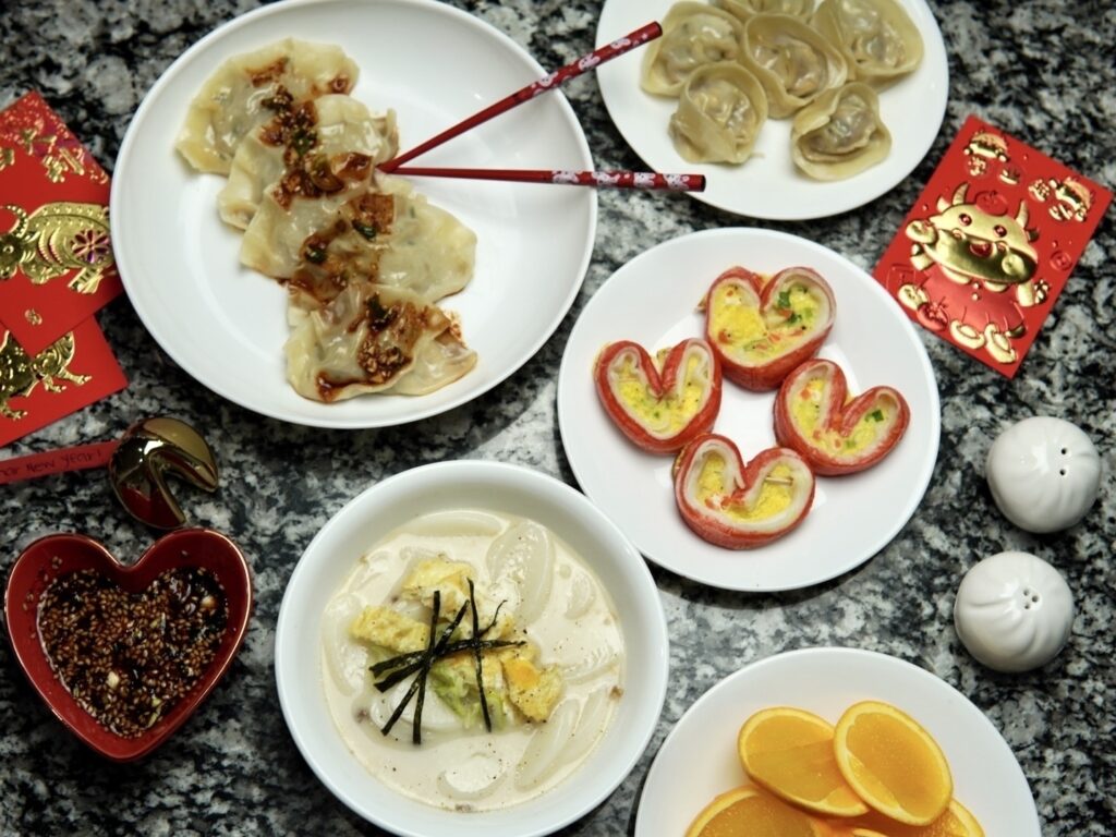 Mandus (top), imitation crab jeon (center right), tteokguk (bottom left) Courtesy of Jessica Woo