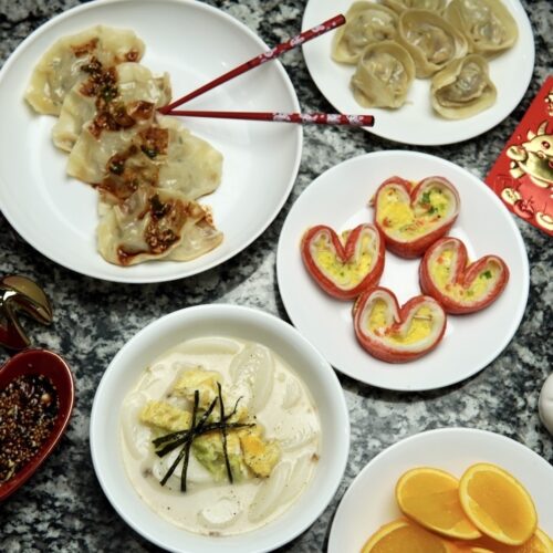 Mandus (top), imitation crab jeon (center right), tteokguk (bottom left) Courtesy of Jessica Woo