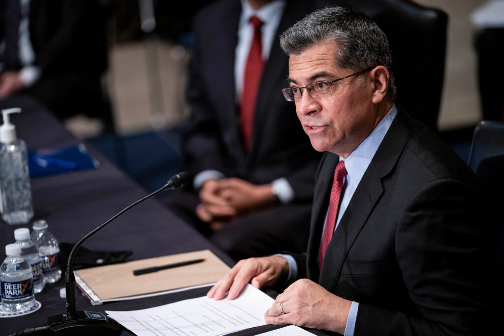 Xavier Becerra, President Biden's nominee for secretary of the Department of Health and Human Services, contended with critics of abortion rights on the first day of his confirmation hearings Tuesday. Sarah Silbiger/POOL/AFP via Getty Images