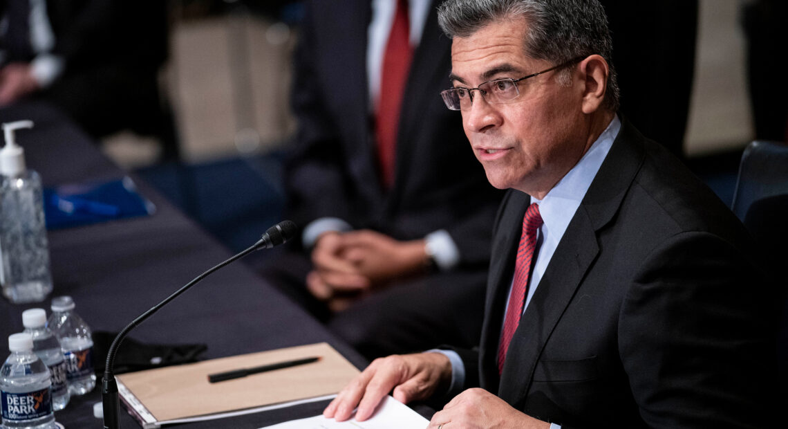 Xavier Becerra, President Biden's nominee for secretary of the Department of Health and Human Services, contended with critics of abortion rights on the first day of his confirmation hearings Tuesday. Sarah Silbiger/POOL/AFP via Getty Images