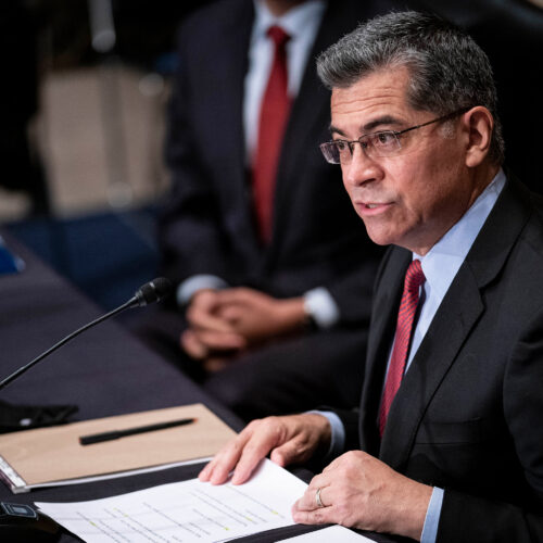 Xavier Becerra, President Biden's nominee for secretary of the Department of Health and Human Services, contended with critics of abortion rights on the first day of his confirmation hearings Tuesday. Sarah Silbiger/POOL/AFP via Getty Images