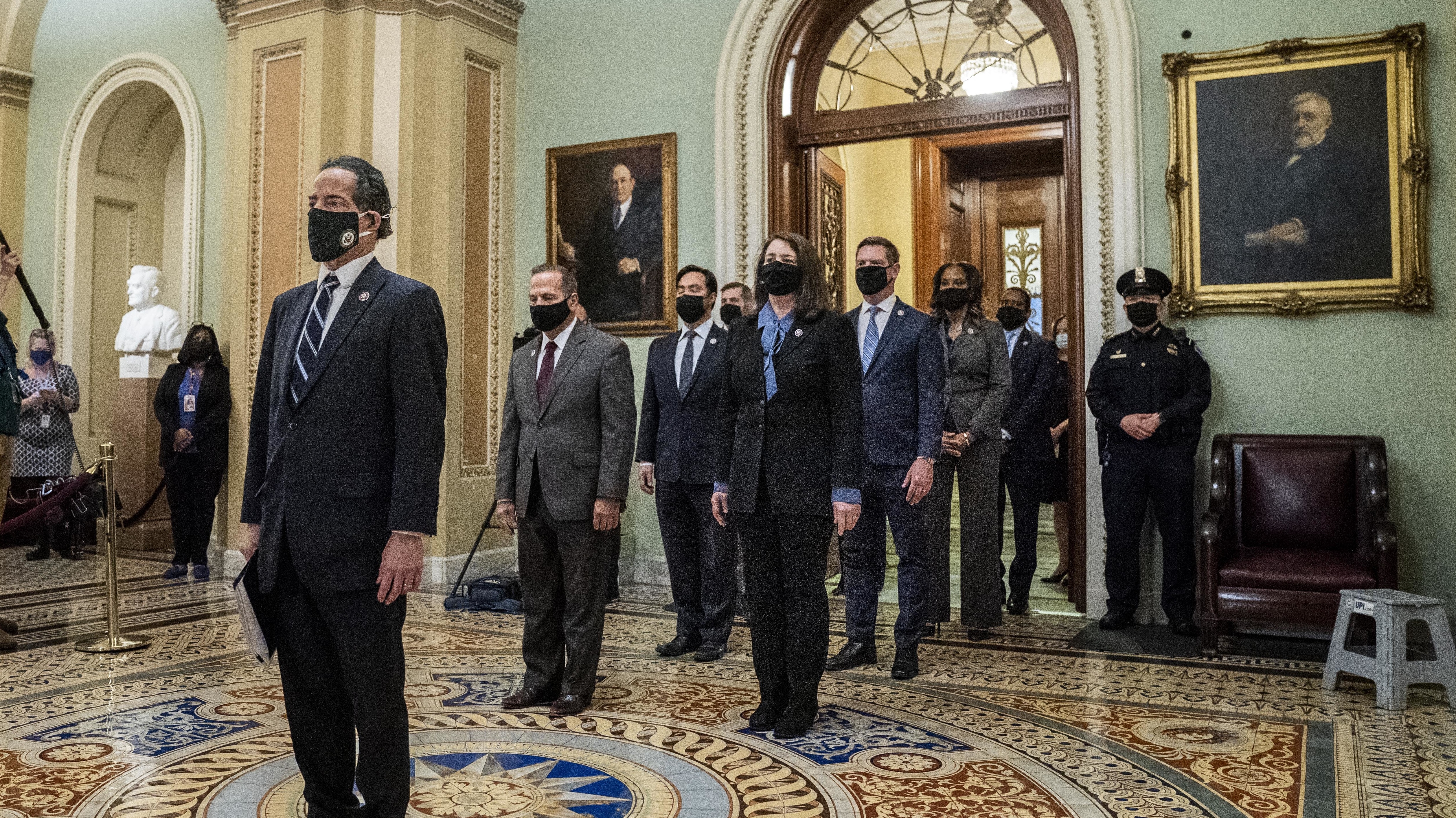 House impeachment managers, led by Rep. Jamie Raskin, D-Md., seen leaving the Senate floor after delivering the article of impeachment on Capitol Hill on Jan. 25. They will deliver the case against former President Trump starting Tuesday, Feb. 9. CREDIT: Melina Mara-Pool/Getty Images
