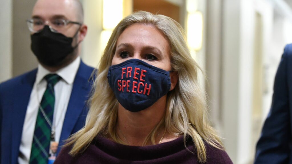 Rep. Marjorie Taylor Greene, R-Ga., faces a vote over whether she should be removed from her two committee assignments because her past comments and social media posts promoting conspiracy theories and violence. Nicholas Kamm/AFP via Getty Images