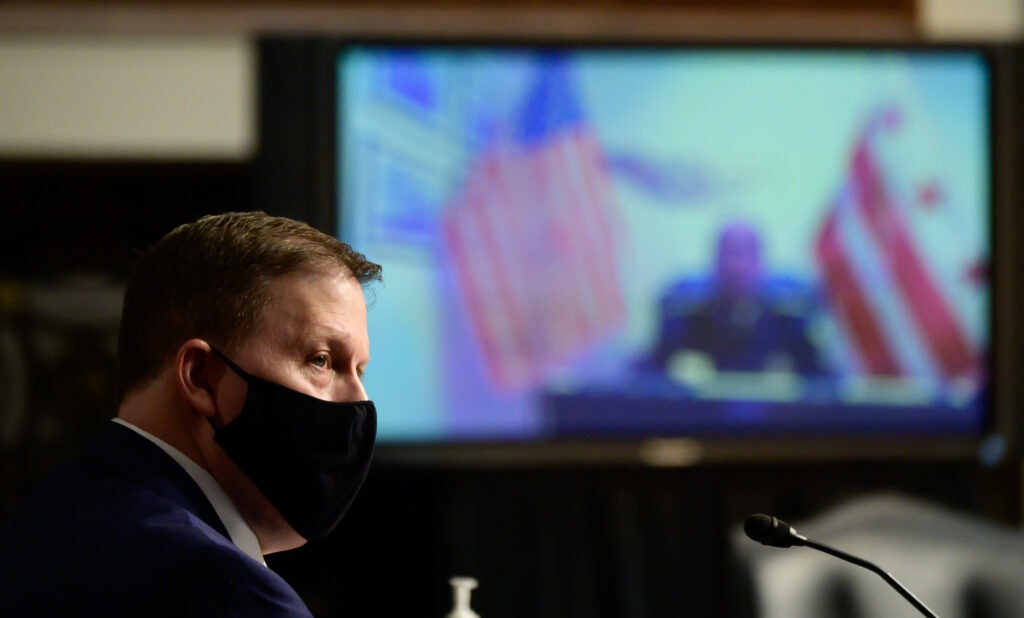 Former U.S. Capitol Police Chief Steven Sund testifies during a Senate Homeland Security and Rules joint hearing on Monday about the insurrection on Jan. 6. Erin Scott/Pool/Getty Images