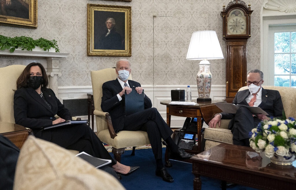 President Biden and Vice President Harris meet with Senate Majority Leader Chuck Schumer and other Democratic senators on Wednesday to talk about Biden's $1.9 trillion COVID-19 relief proposal. CREDIT: Stefani Reynolds/Getty Images