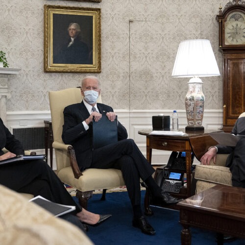 President Biden and Vice President Harris meet with Senate Majority Leader Chuck Schumer and other Democratic senators on Wednesday to talk about Biden's $1.9 trillion COVID-19 relief proposal. CREDIT: Stefani Reynolds/Getty Images