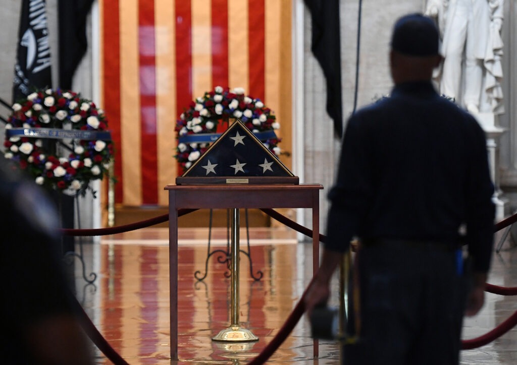 A view inside the Rotunda which will hold Capitol Police officer Brian Sicknick's remains while he lays in honor after he died during the January 6, 2021 attack on the Capitol Building by a pro-Trump mob. CREDIT: Olivier Douliery/AFP via Getty Images